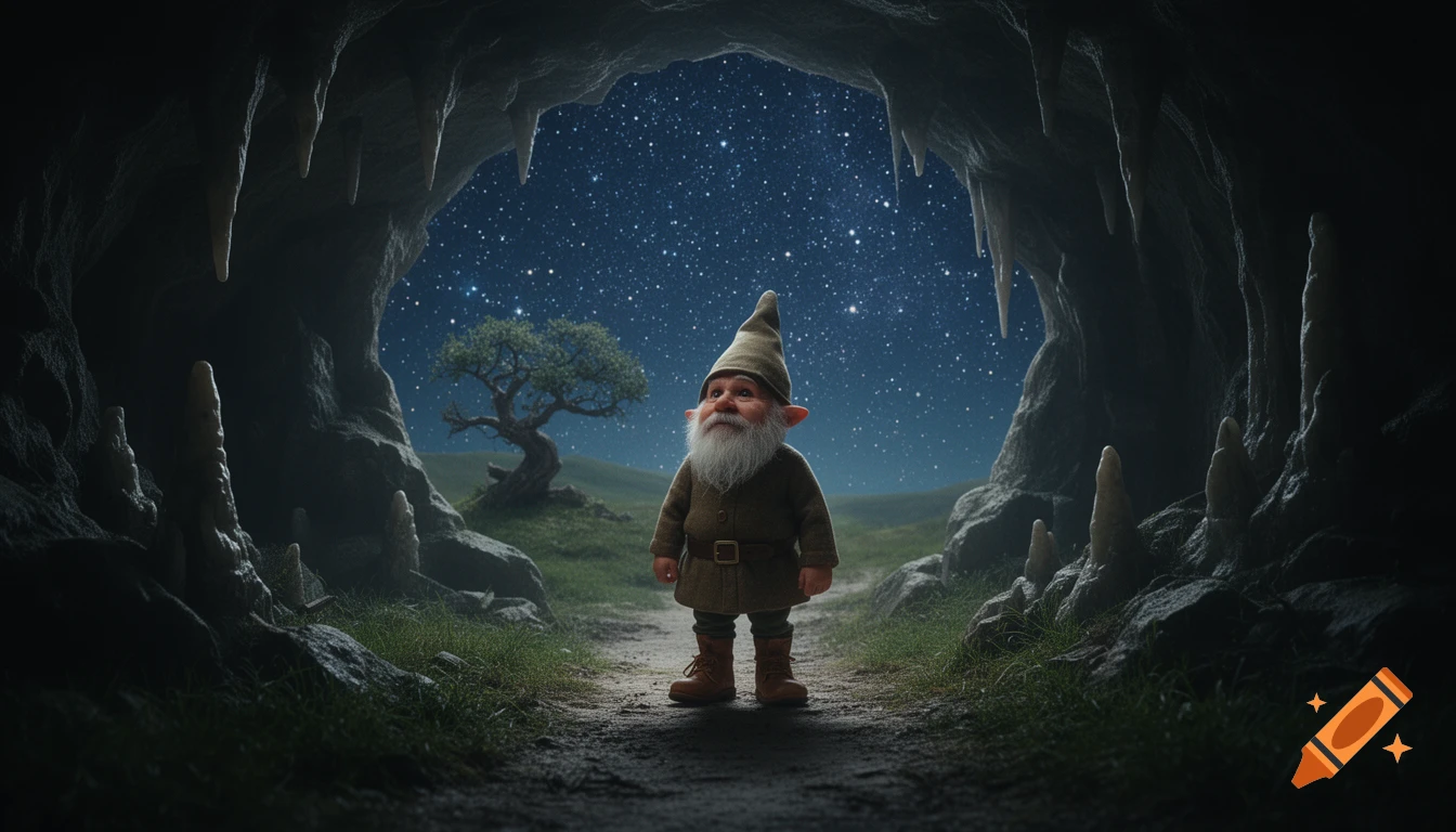 A gnome with a long white beard and green hat stands at the mouth of a dark cave, gazing at a twisted tree on a grassy hill under a starry night sky.