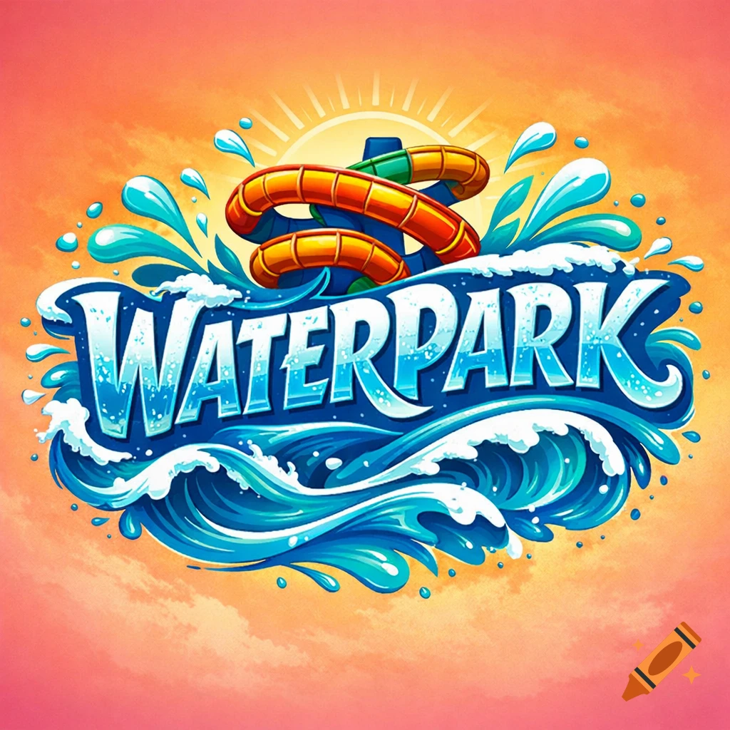 Stylized waterpark logo with blue text 'WATERPARK' amidst waves, splashes, and water slides under a sun.