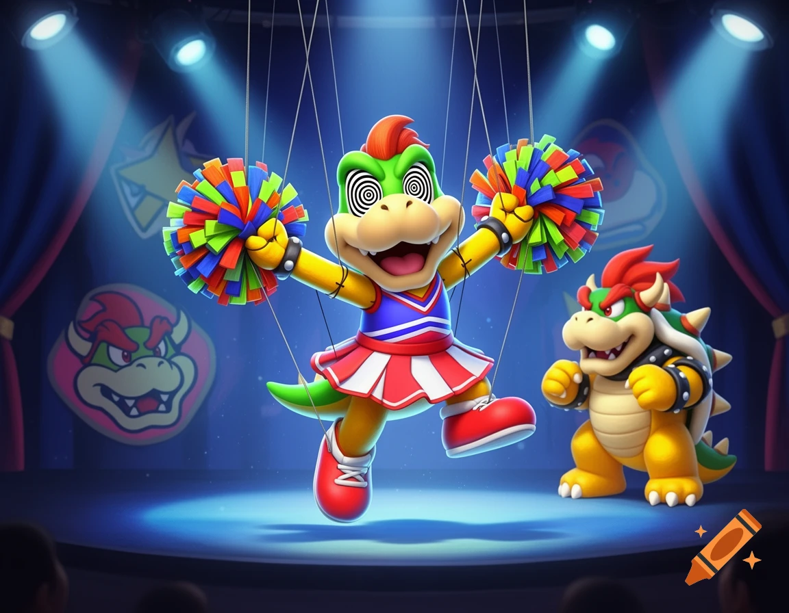 Lemmy Koopa as a hypnotized cheerleader marionette holding pom-poms on a stage, with Bowser standing to his right.