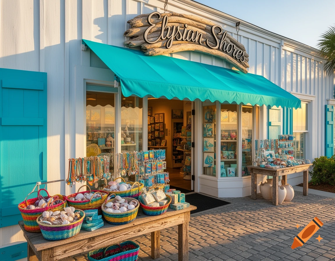 A vibrant gift shop called Elysian Shores with a teal awning, selling baskets of seashells and colorful accessories on wooden tables outside.