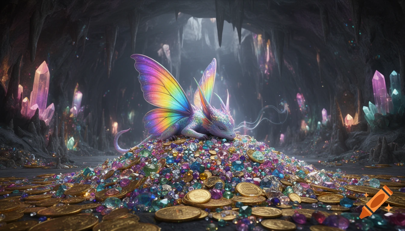 A colorful fairy dragon with rainbow butterfly wings sleeps on a large pile of sparkling gems and gold coins in a crystal cave.