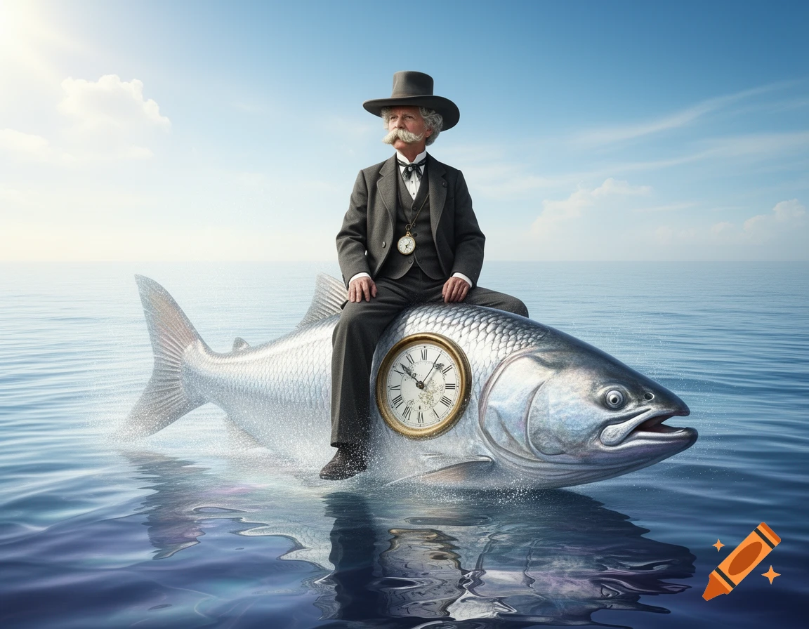 Mark Twain in a suit and top hat rides a large silver fish with a clock embedded in its side across the ocean under a blue sky.