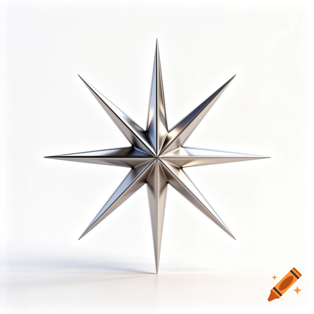 A metallic, shiny eight-pointed star stands upright on a white surface, casting a subtle shadow.