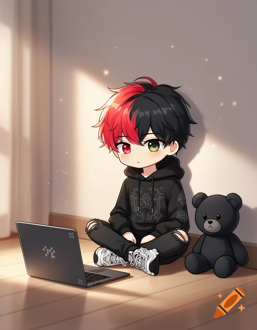 An anime chibi boy with red and black split hair, wearing a black hoodie and ripped black jeans, sitting on the floor with a laptop and a black teddy bear.