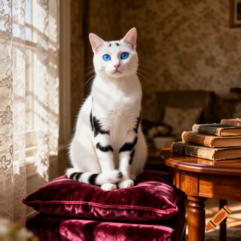 A photorealistic white cat with striking blue eyes and black markings sits on a red velvet cushion by a sunlit window.