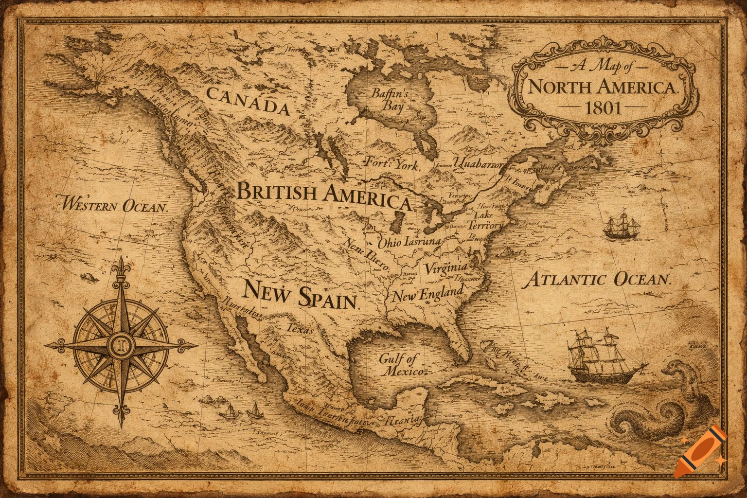 An antique map of North America from 1801, showing British America, New Spain, and Canada, with sailing ships in the oceans and a compass rose.