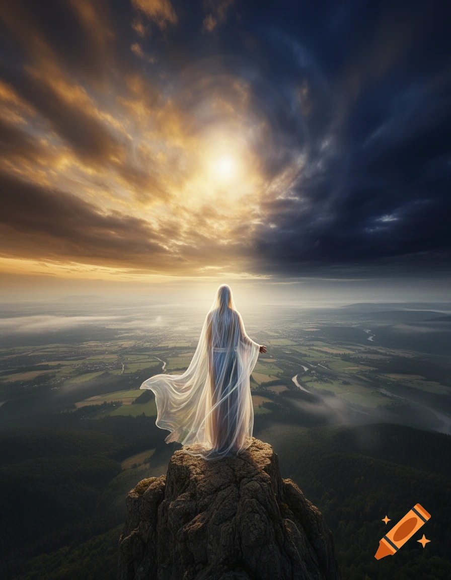 Ethereal figure in translucent robes stands on a mountain peak overlooking a vast, misty landscape under a dramatic sky with a bright sunburst.