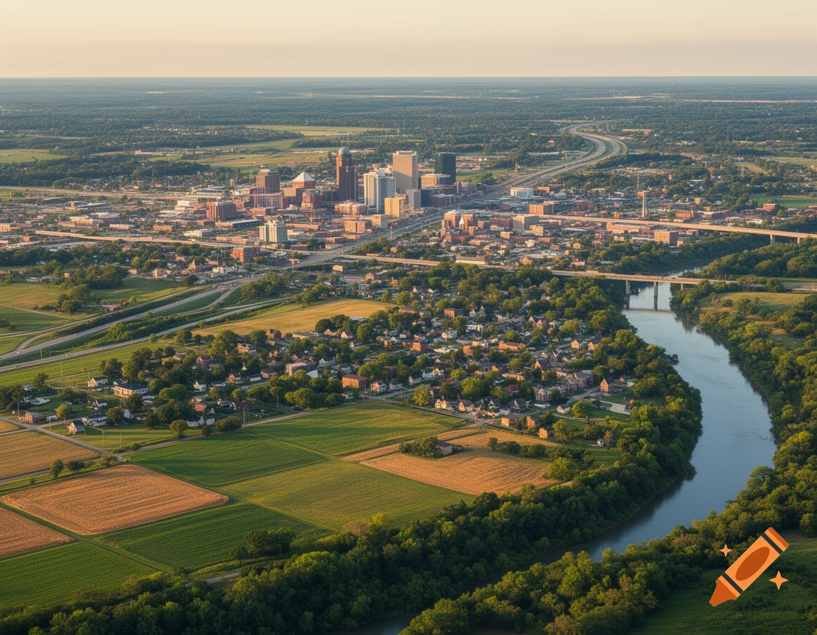 Aerial view of a city with skyscrapers and highways alongside a winding river, surrounded by residential areas and farmland.