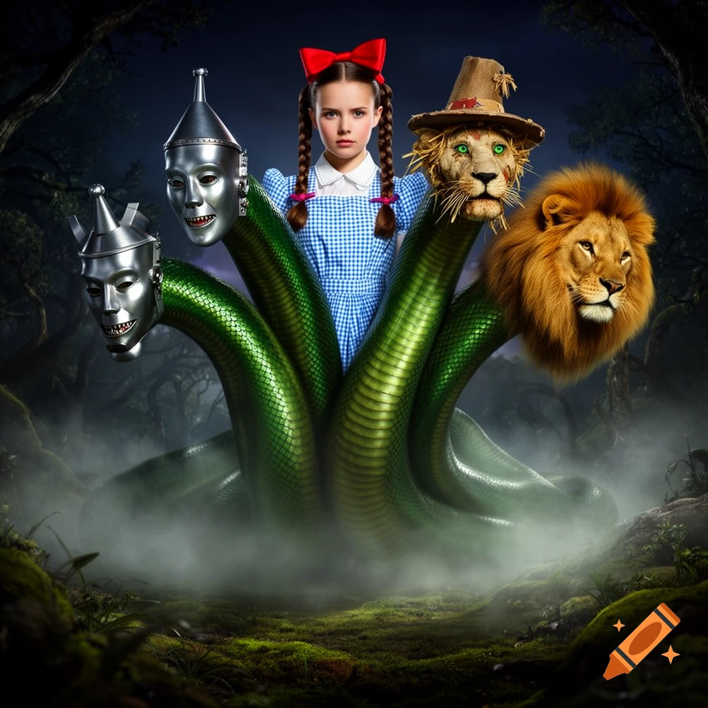 A fantasy hydra monster with the heads of a girl (Dorothy), Tin Man, Scarecrow-lion, and lion, rising from a misty forest.