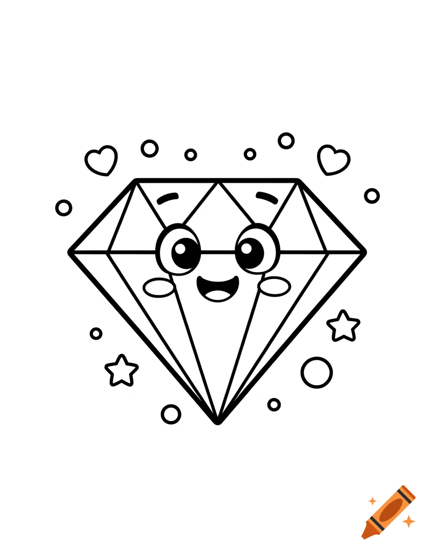A black and white cartoon diamond with a happy face and thick lines, surrounded by small hearts, stars, and circles, in a coloring page style.