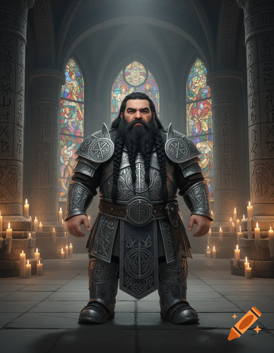 A heavily armored dwarf with a long black braided beard stands in a solemn church with stained glass windows and candles.