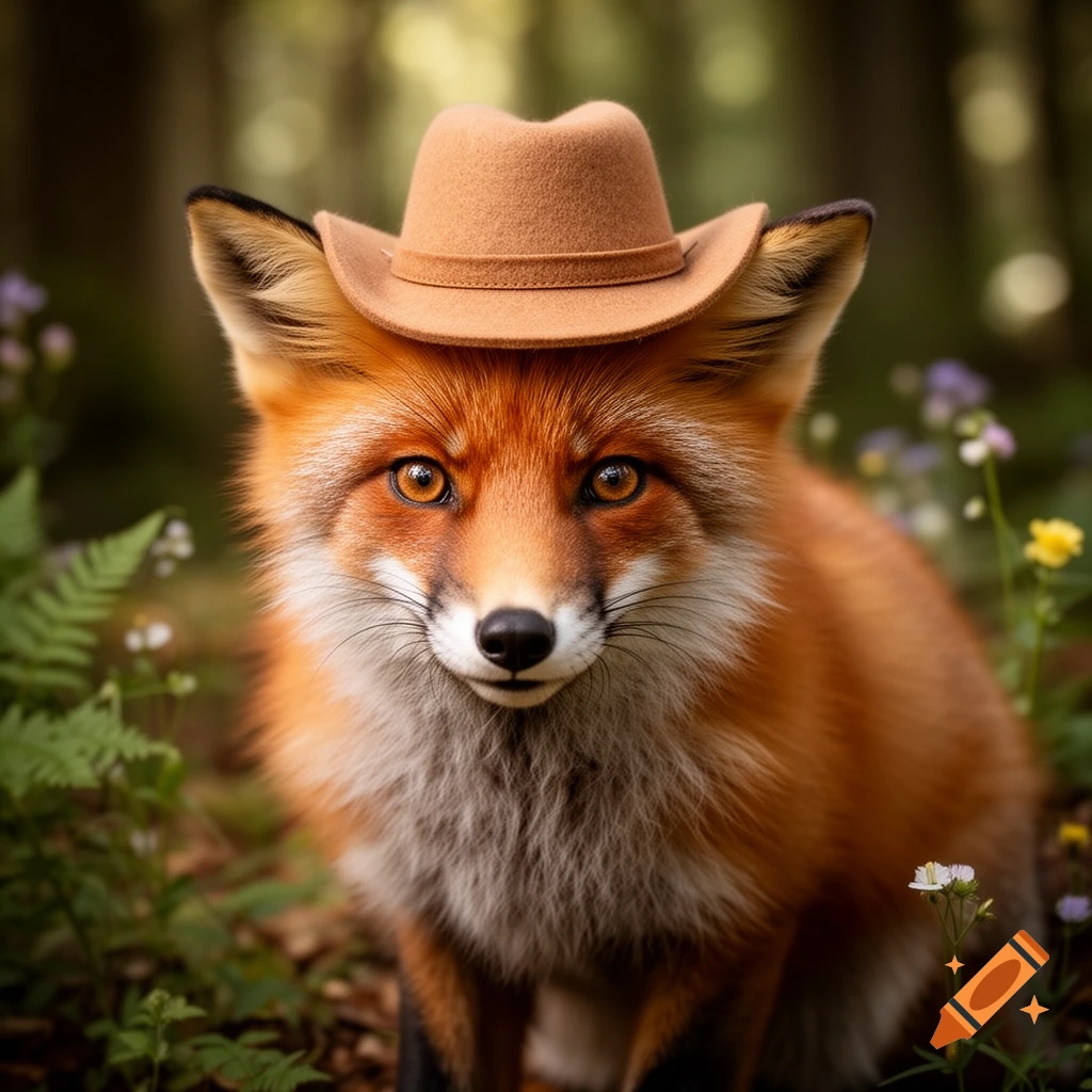 Photorealistic close-up of a red fox wearing a small brown cowboy hat, sitting in a forest with green foliage and small flowers.