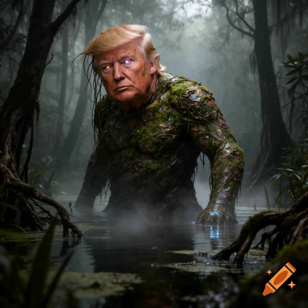 Donald Trump as a moss-covered swamp monster with glowing eyes, emerging from murky, foggy water in a dark swamp.