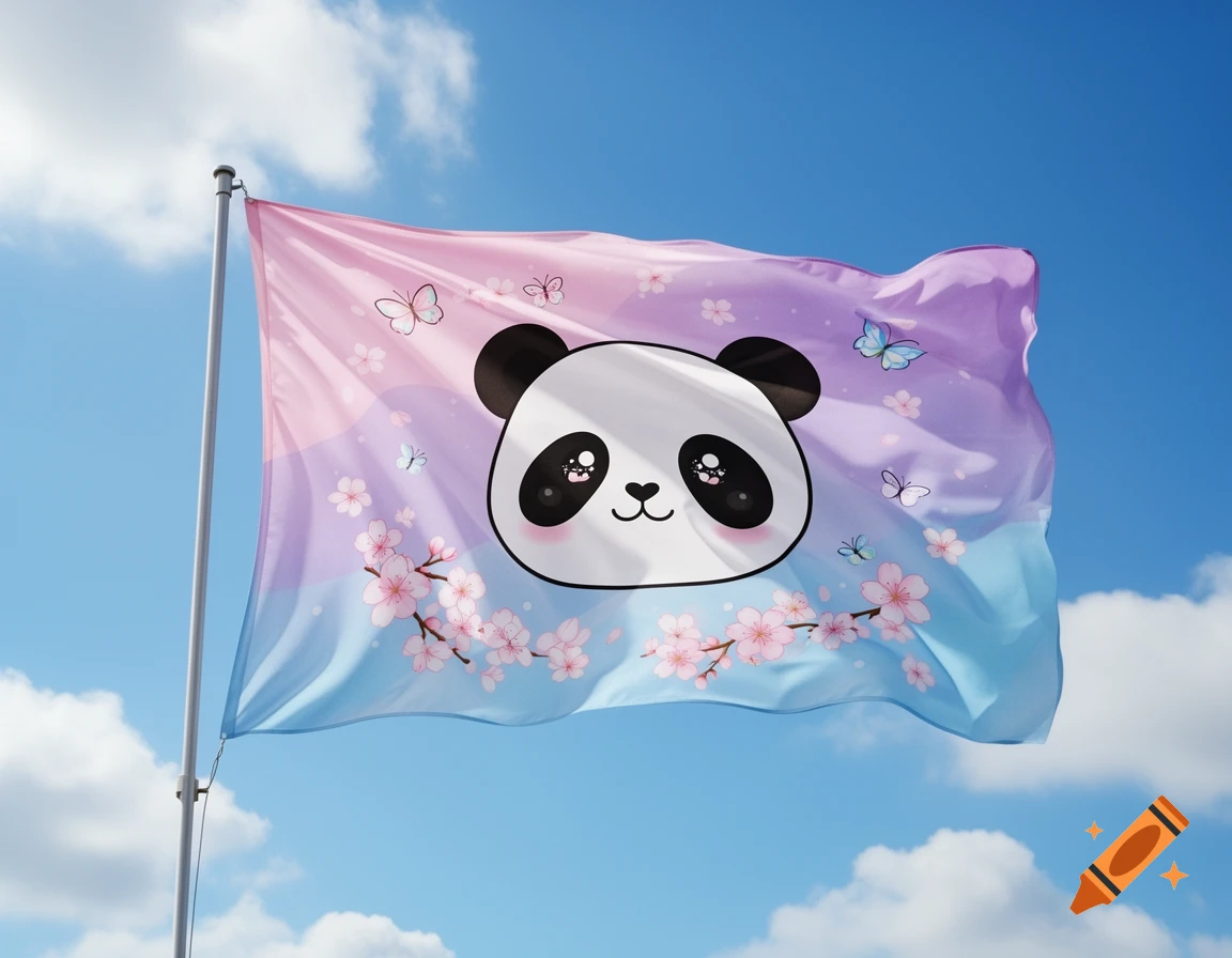 Kawaii panda flag with a pink, purple, and blue gradient, decorated with cherry blossoms and butterflies, waving under a blue sky.