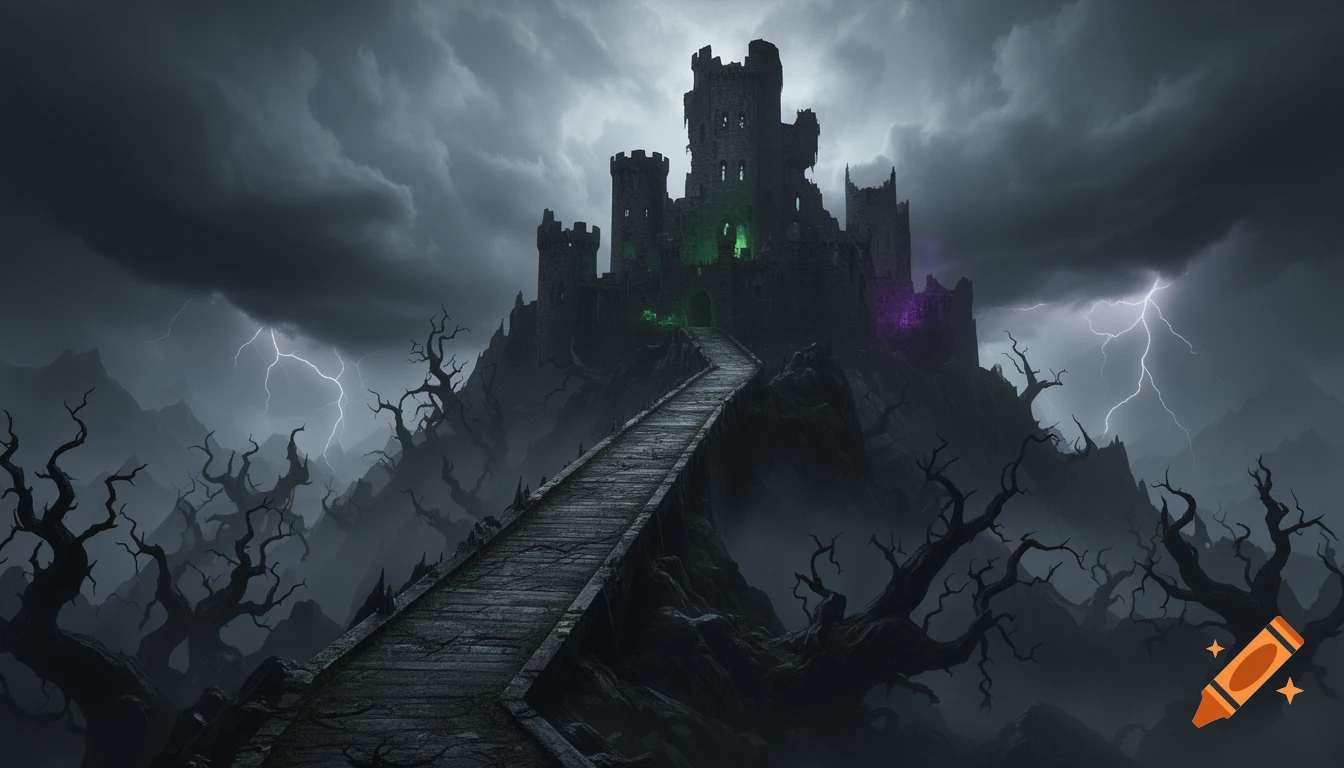 A dark fantasy castle on a corrupted mountain with a long ramp, under a ...