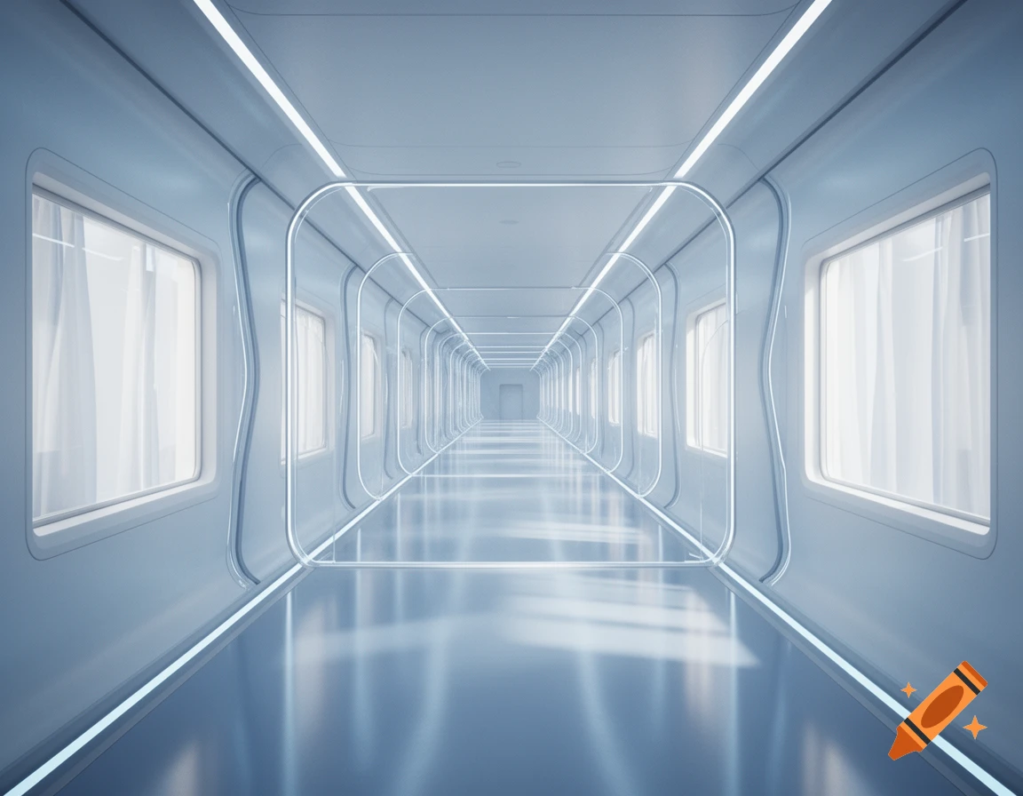 A long, symmetrical, empty futuristic corridor with smooth white walls, glowing blue-white light strips, and reflective floors, giving a liminal feel.