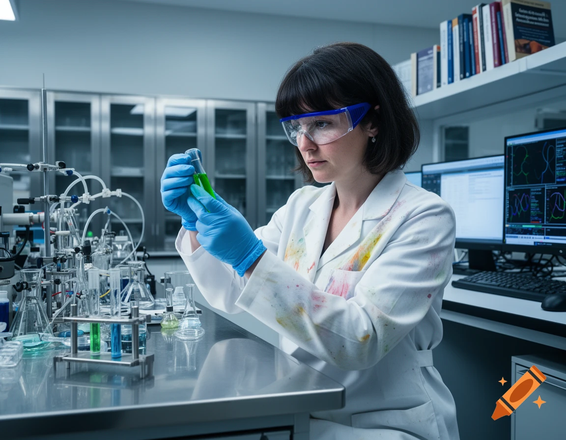 A female scientist in a lab coat and safety goggles inspects a test tube filled with green liquid in a modern laboratory.