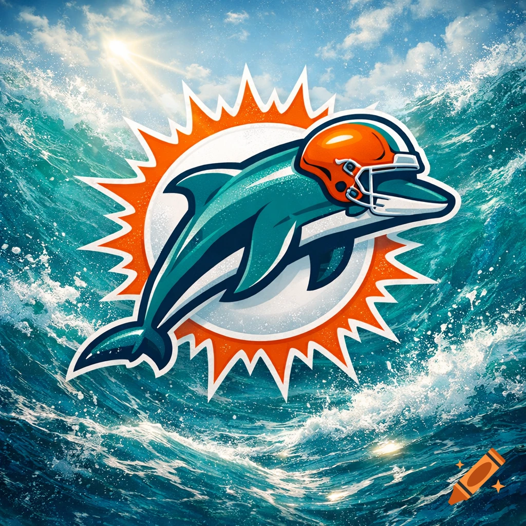 Stylized Miami Dolphins logo with a dolphin in an orange football helmet, against a stormy ocean and bright sky.