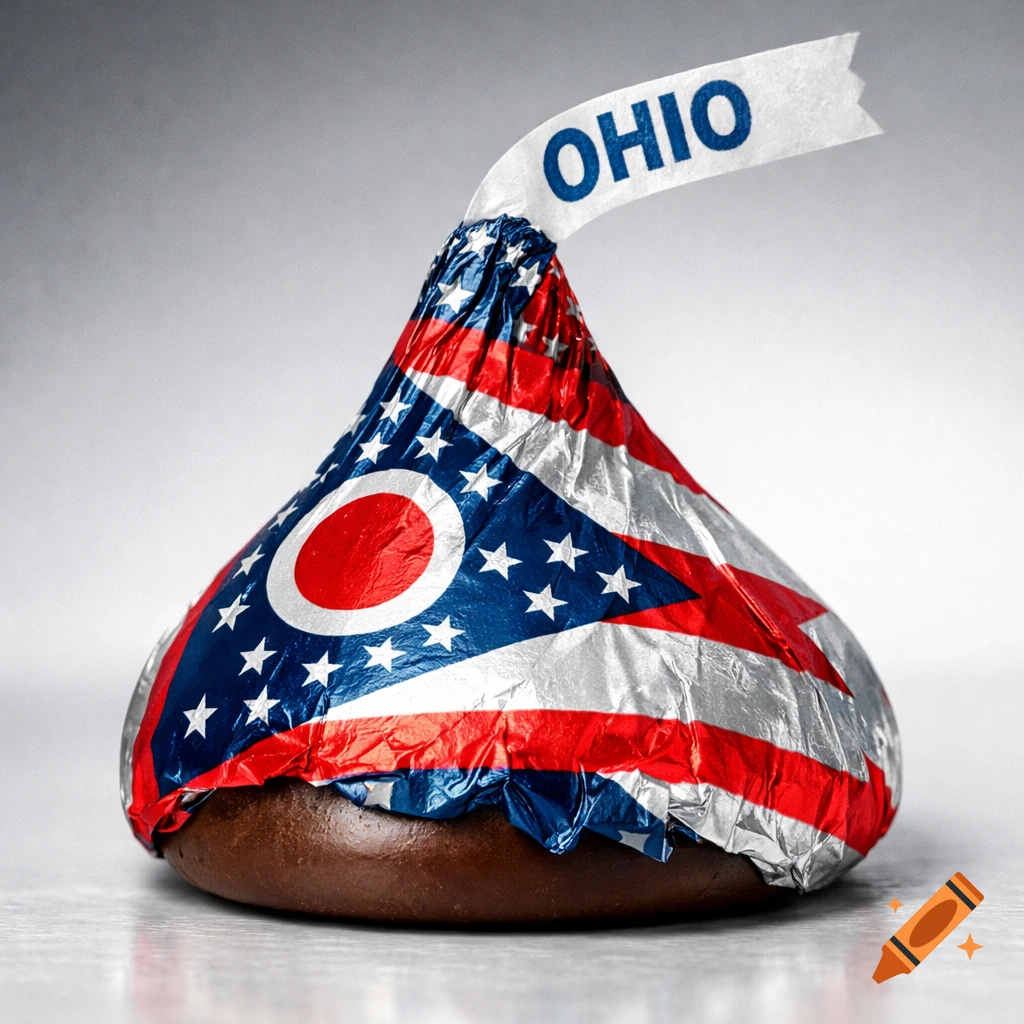 A photorealistic image of a Hershey's Kiss candy wrapped in foil depicting the Ohio state flag, with a paper plume reading "OHIO".