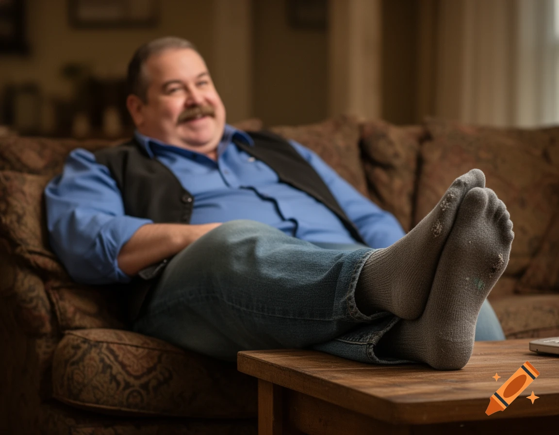A smiling man relaxes on a couch with his socked feet resting on a coffee table.