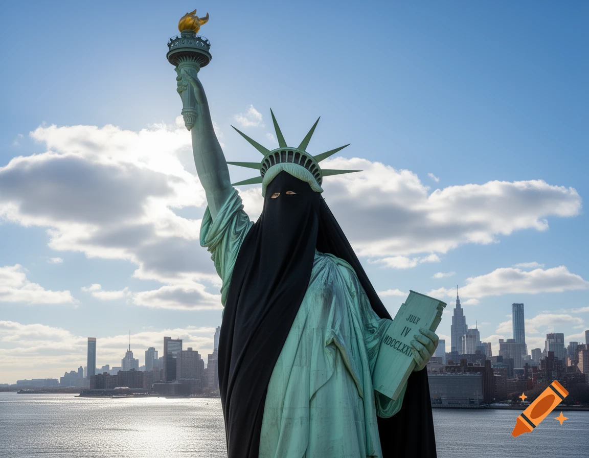 Photorealistic image of the Statue of Liberty wearing a black burka, holding a torch and a tablet, with a cityscape in the background.