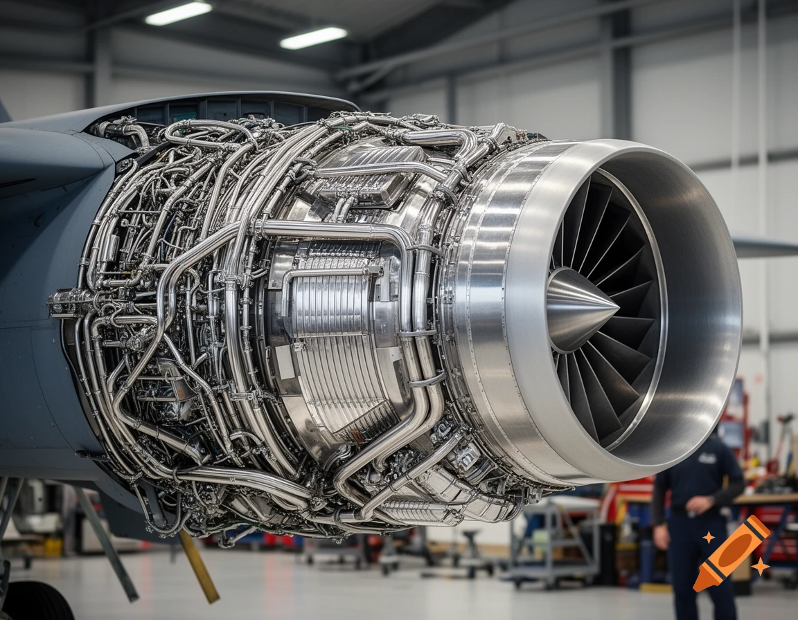Detailed view of a powerful F-15 jet engine, showing intricate internal components and fan blades in a maintenance hangar.