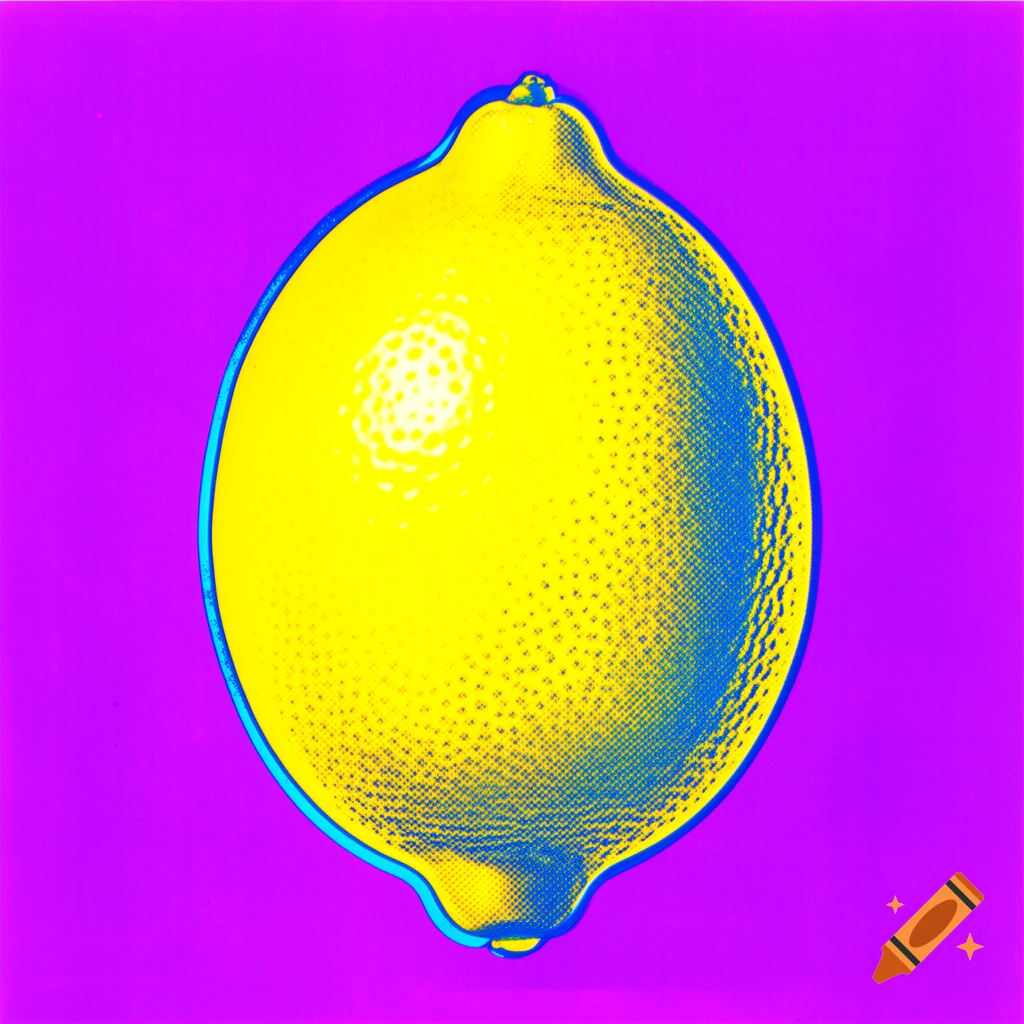 A lemon in a pop art style, featuring bright yellow and blue halftone dots against a vibrant magenta background.