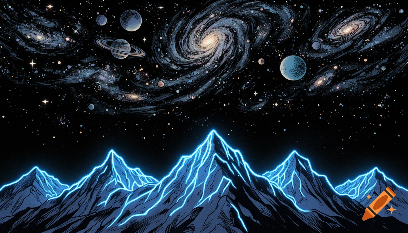 Comic book art of neon blue glowing mountains under a dark night sky filled with planets and swirling galaxies.