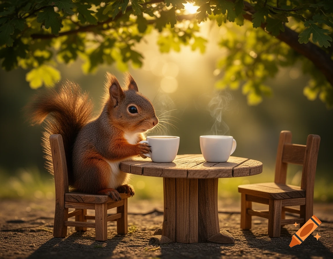 Photorealistic image of a red squirrel sitting at a small wooden table, holding a coffee cup, with another cup and chair waiting.