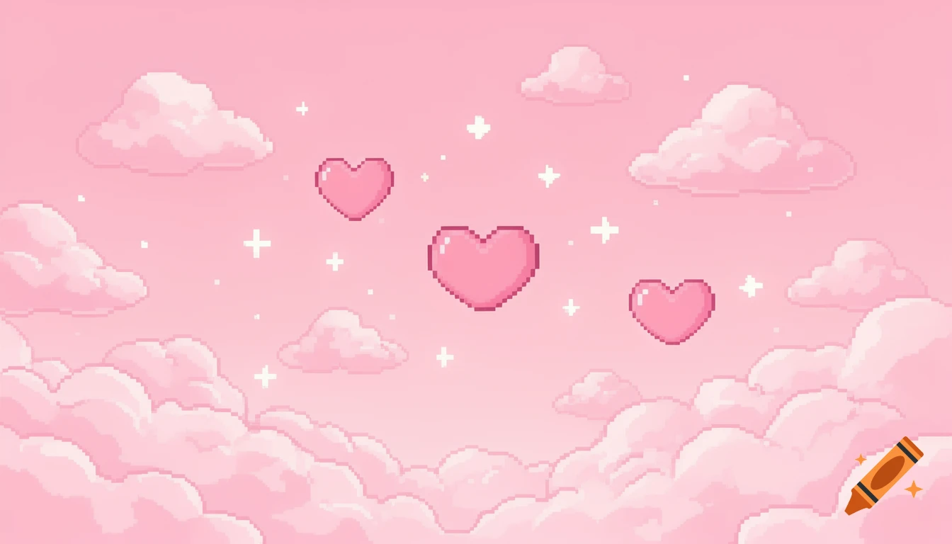 Pastel pink pixel art sky with fluffy clouds, floating hearts, and sparkling stars.