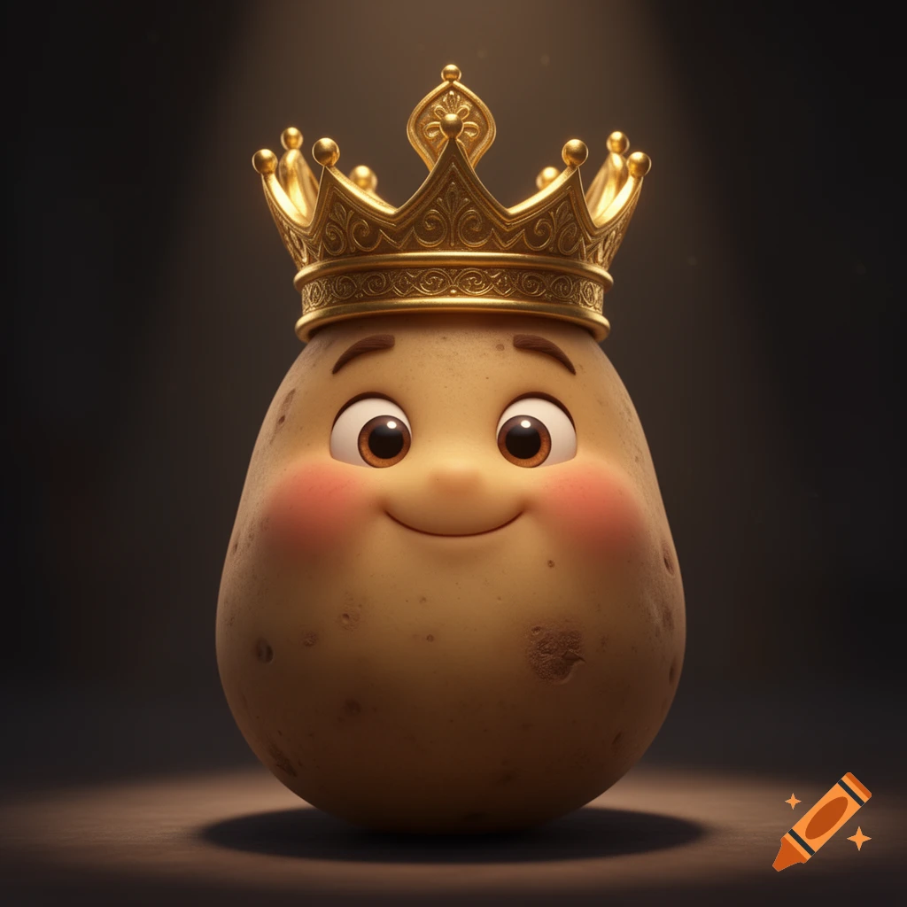 A cute 3D cartoon potato king wears a detailed golden crown, smiling ...
