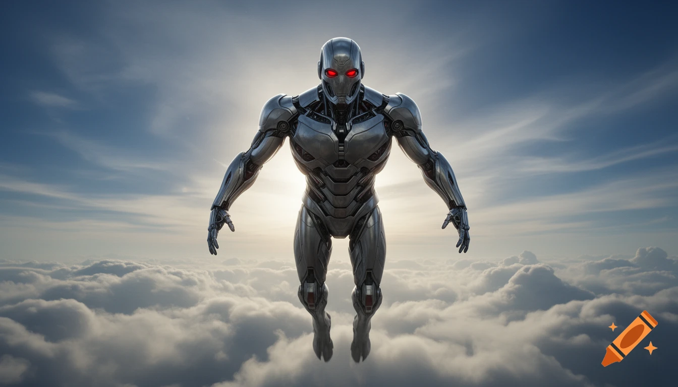 Ultron, a metallic robot with glowing red eyes, floats menacingly above white clouds in a blue sky.
