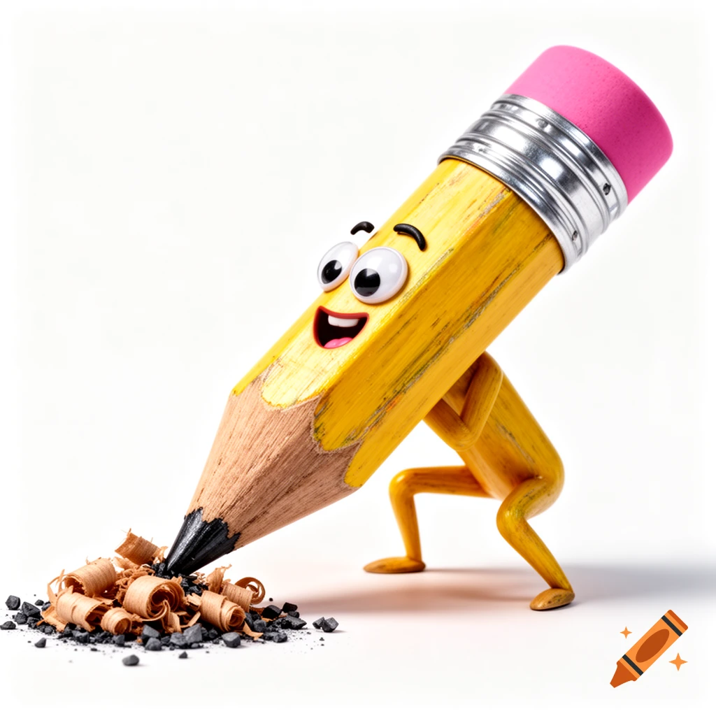 Cartoon yellow pencil with a smiling face, legs, and a pink eraser, producing pencil shavings and graphite.