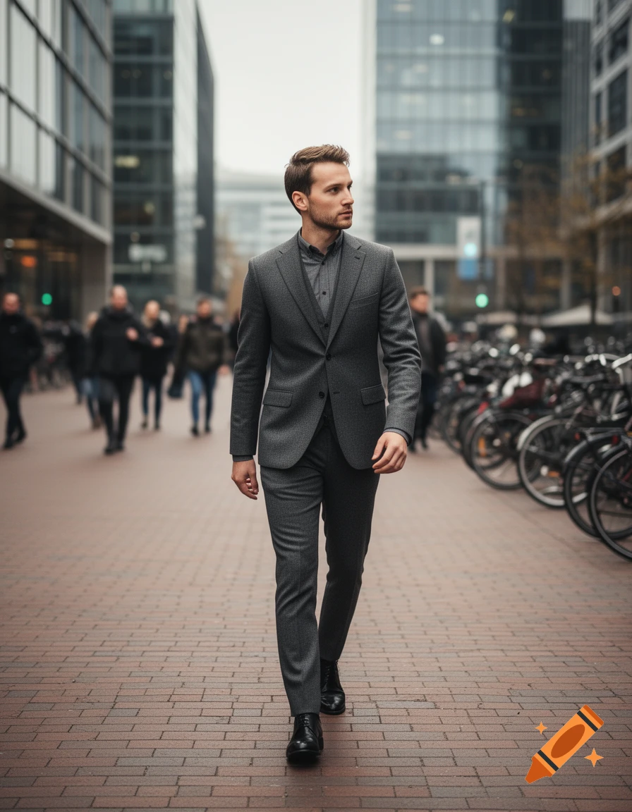 A man in a charcoal suit walks along a brick sidewalk in a modern city, looking to his right.