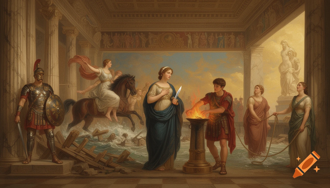 A classical painting depicts Roman heroes in an ancient hall. A soldier stands on the left, a woman rides a horse in water, another holds a dagger to her chest, and a man places his hand in fire. Other women hold a rope while standing in water.