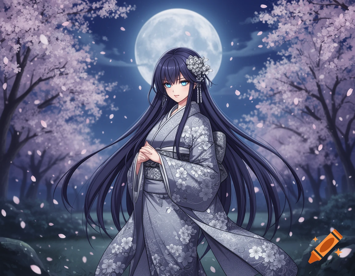 An anime woman in a grey kimono with cherry blossoms under a full moon at night, surrounded by pink cherry blossom trees.