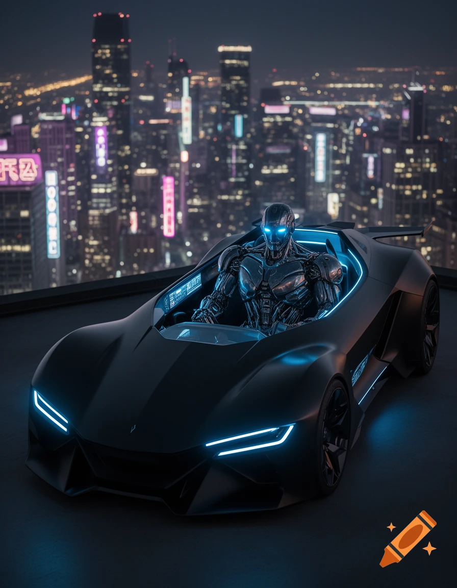 A powerful robot with glowing blue eyes sits in a sleek black futuristic car with neon blue lights, overlooking a vibrant cyberpunk city at night.