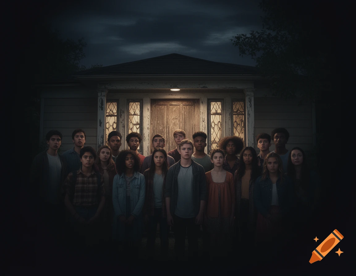 A diverse group of young people stand in front of a house door at night, looking serious in a dark, moody setting.