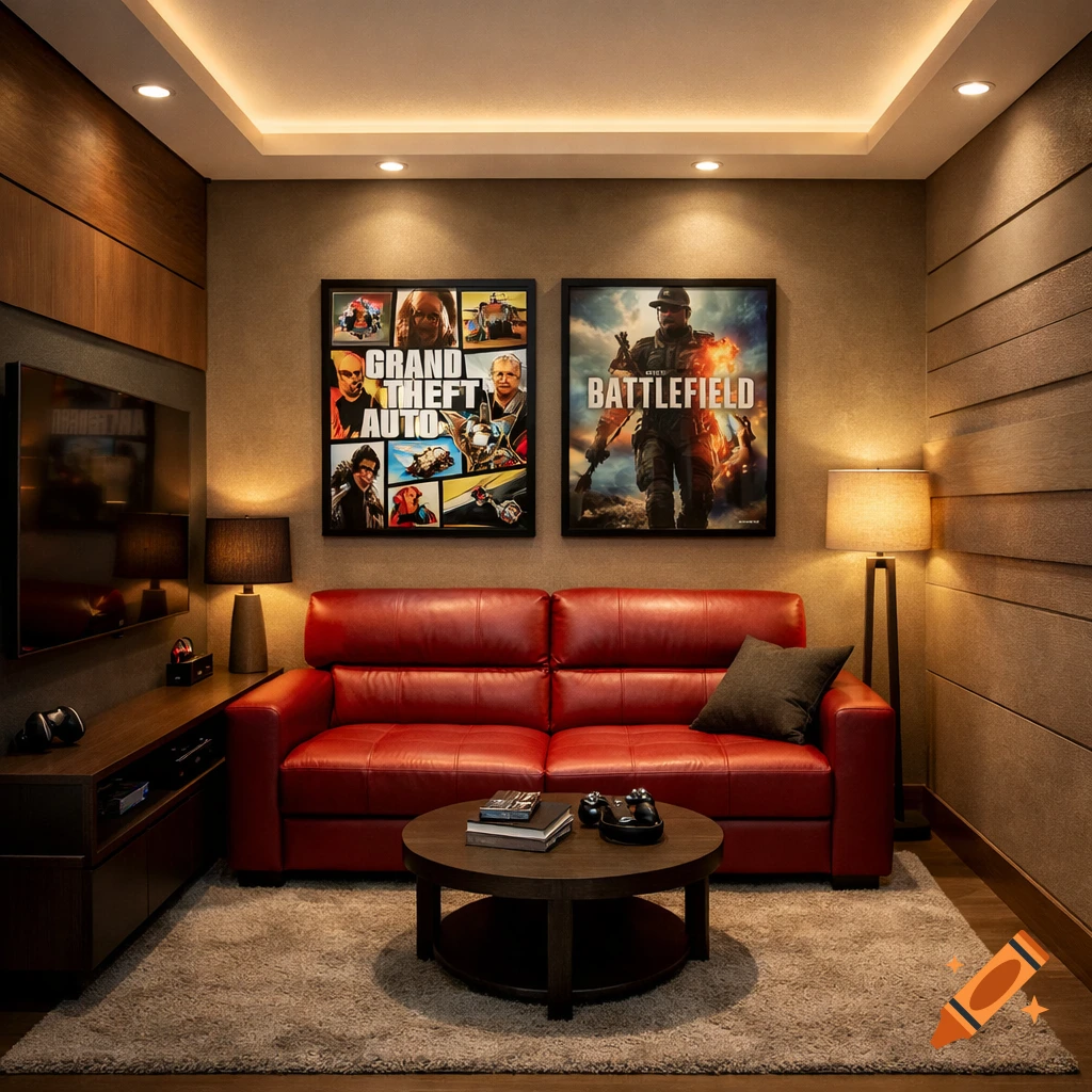 A modern gaming room with a red leather sofa, a TV, a coffee table, and two video game posters on a beige wall with warm lighting.