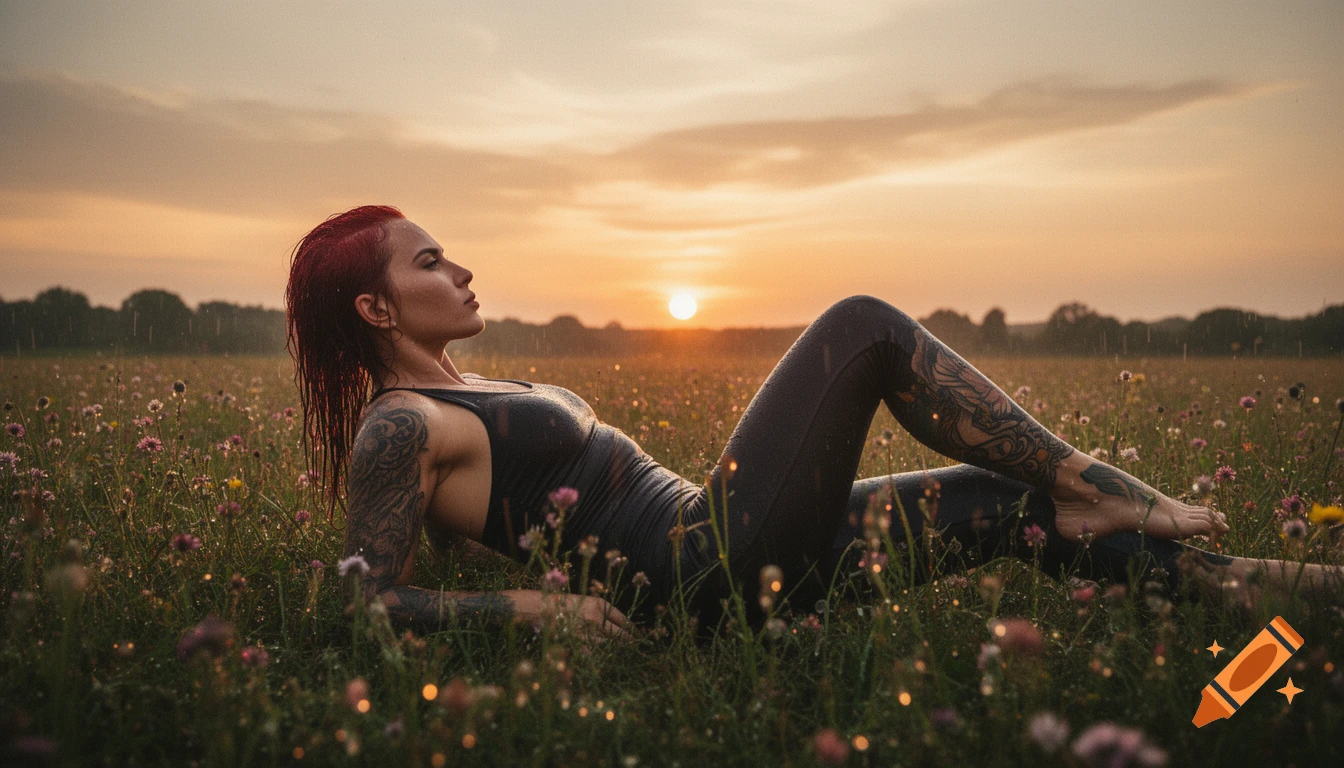 Photorealistic image of an athletic woman with dark red hair and tattoos lying in a wet wildflower meadow at sunset, looking up at the sky.