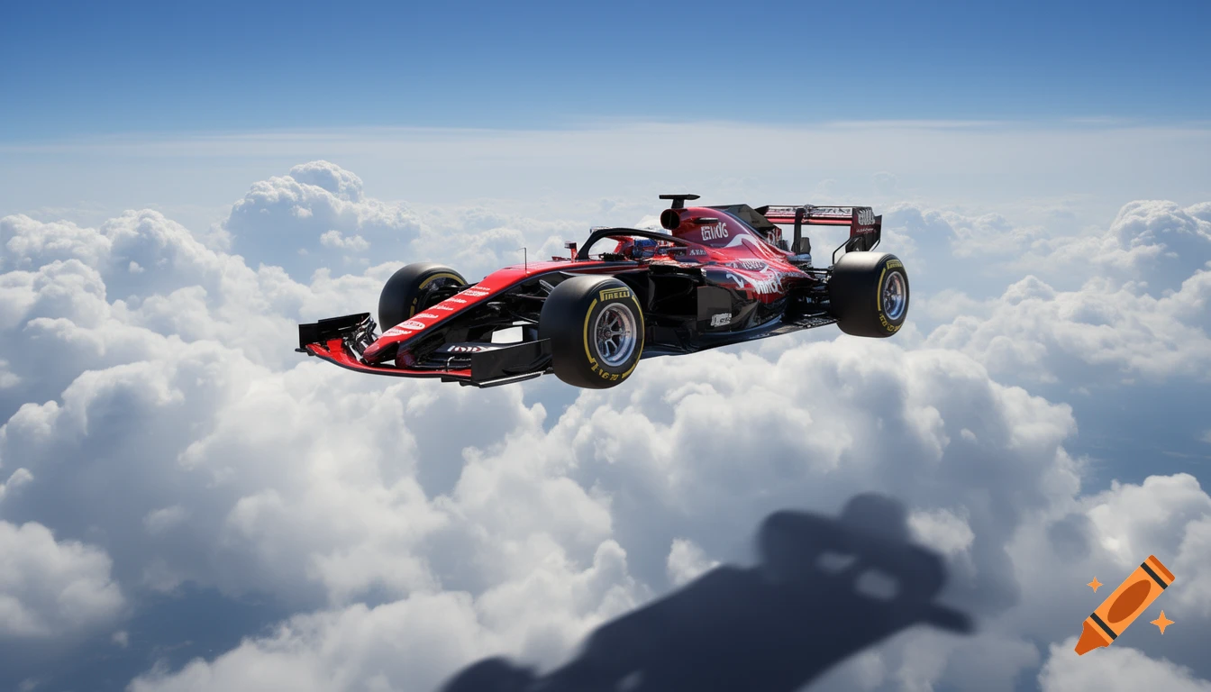 A red and black Formula 1 race car flies high above white, fluffy clouds in a bright blue sky, casting a shadow below.