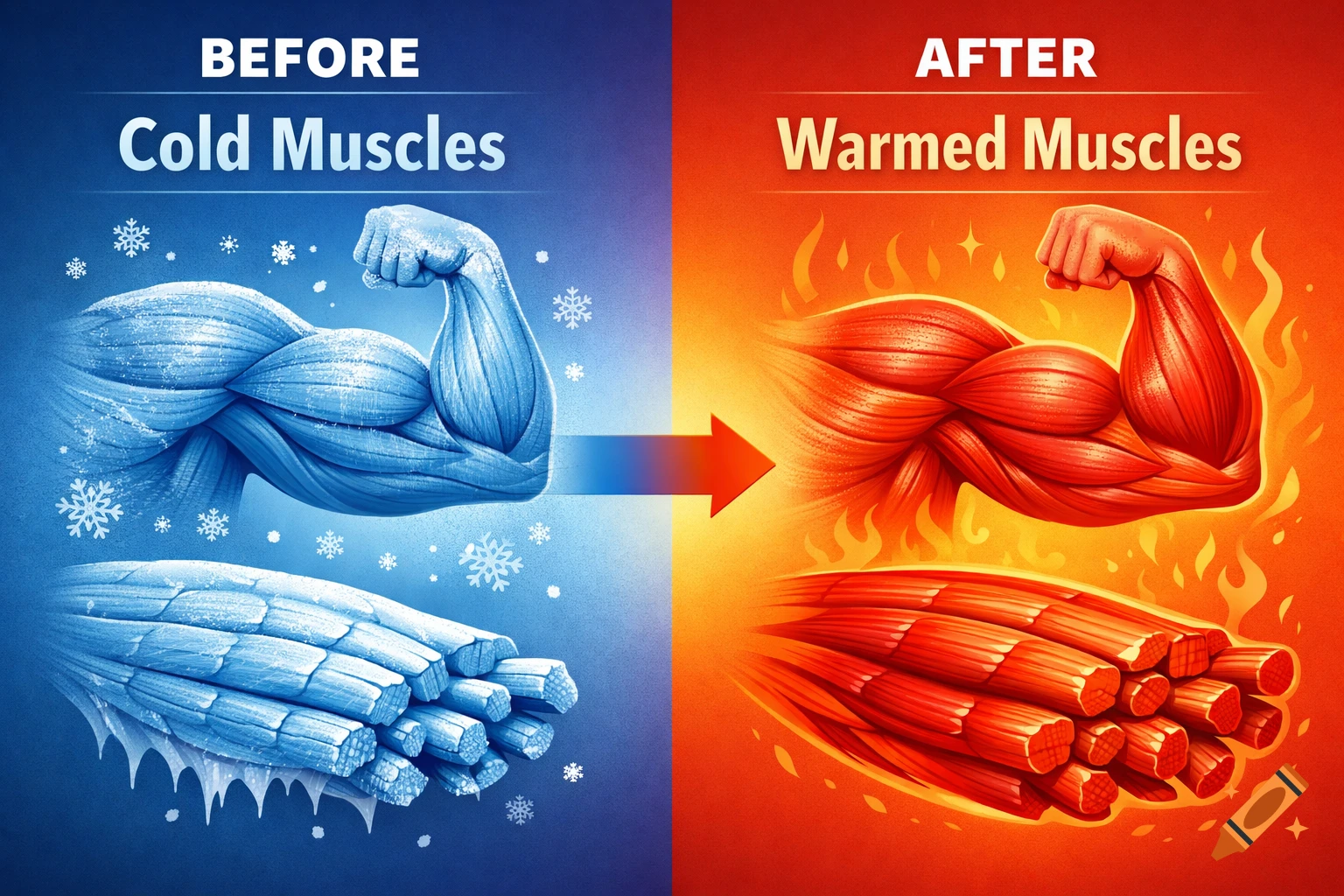 Diagram contrasting cold muscles (blue, icy) with warmed muscles (red ...