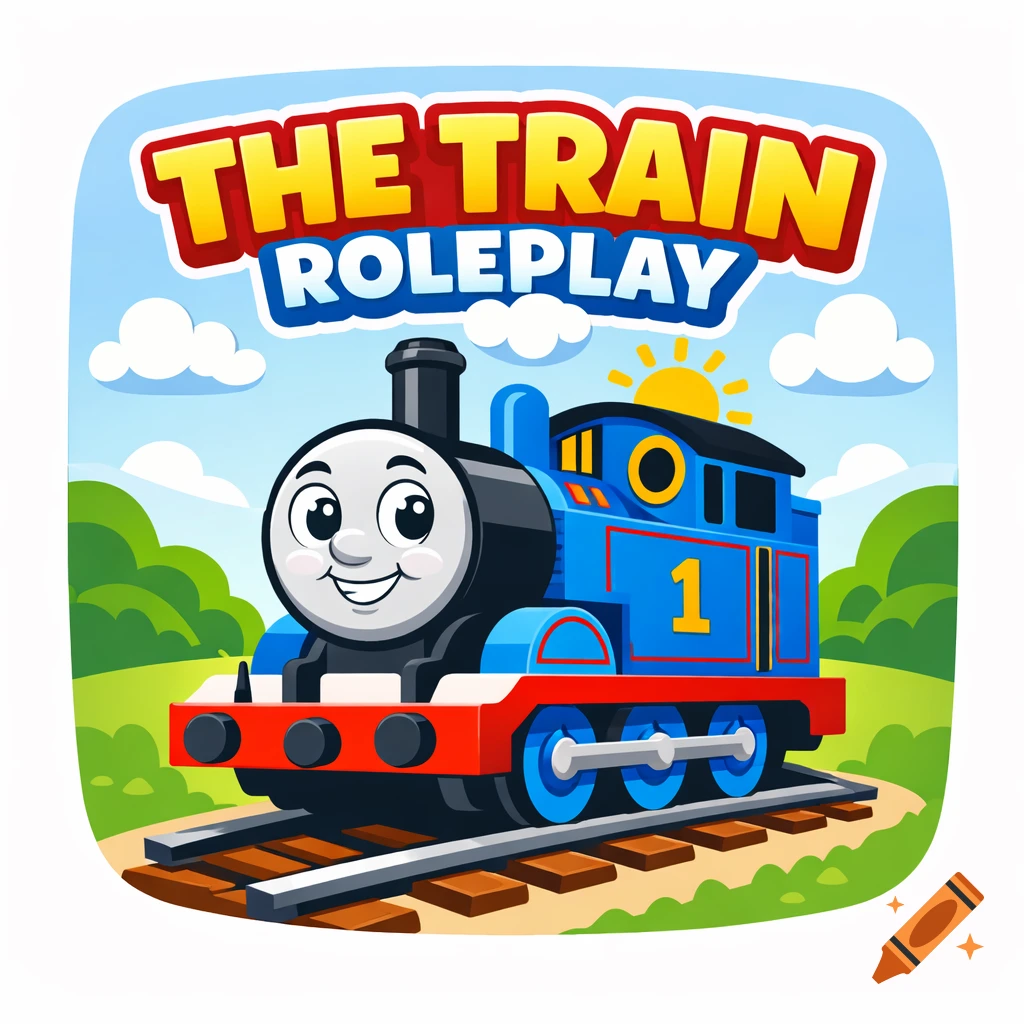 A cartoon game icon features a smiling blue train resembling Thomas the Tank Engine on tracks, with "THE TRAIN ROLEPLAY" text against a sunny sky.