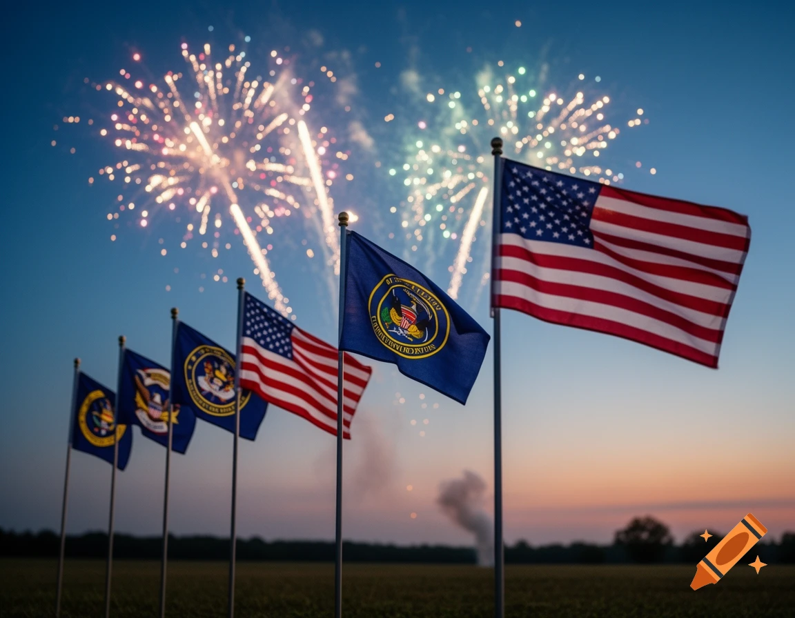 Photorealistic image of multiple US military and American flags waving in a field with fireworks exploding in the twilight sky.