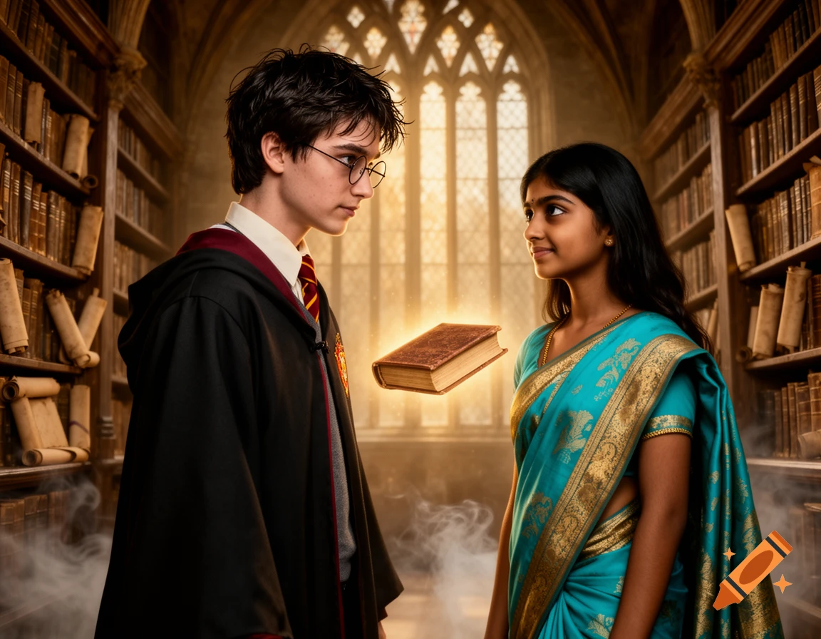 A boy in Hogwarts robes and glasses looks at an Indian girl in a blue sari, as a glowing book floats between them in a magical library.