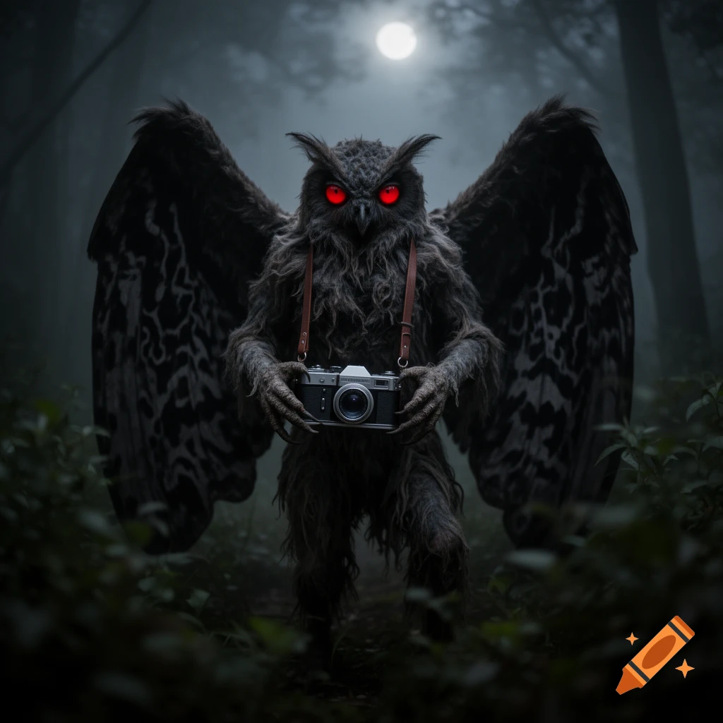 A mothman-like creature with glowing red eyes and large wings holds a vintage camera in a misty, dark forest under a full moon.