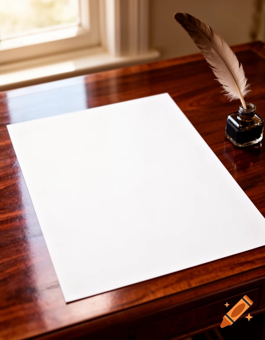 A quill pen in an inkwell and a blank sheet of paper on a polished wooden desk near a window.