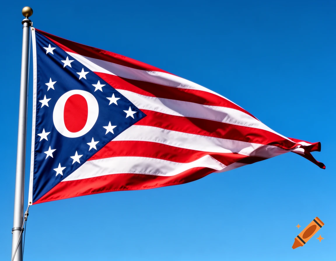 The Ohio state flag, featuring a blue triangular field with a white 'O' and 17 stars, and red and white stripes, waving against a clear blue sky.
