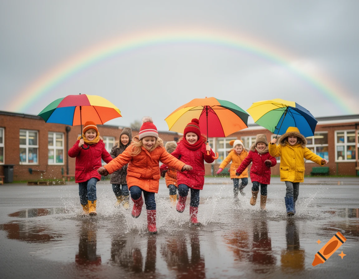 Smiling children in winter coats run and splash in puddles in a schoolyard, holding colorful umbrellas under a rainbow.