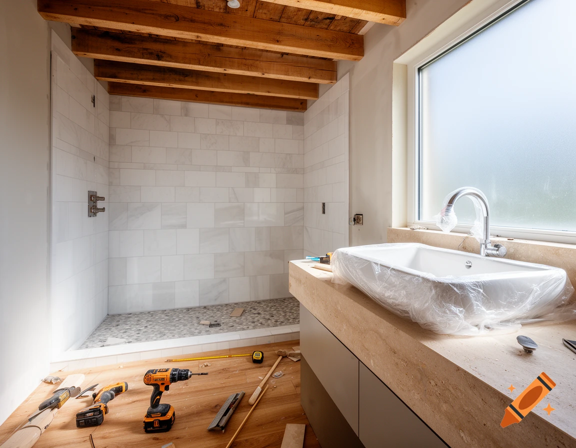 A bathroom under renovation with a tiled shower, a sink covered in plastic, and construction tools on a wooden floor.
